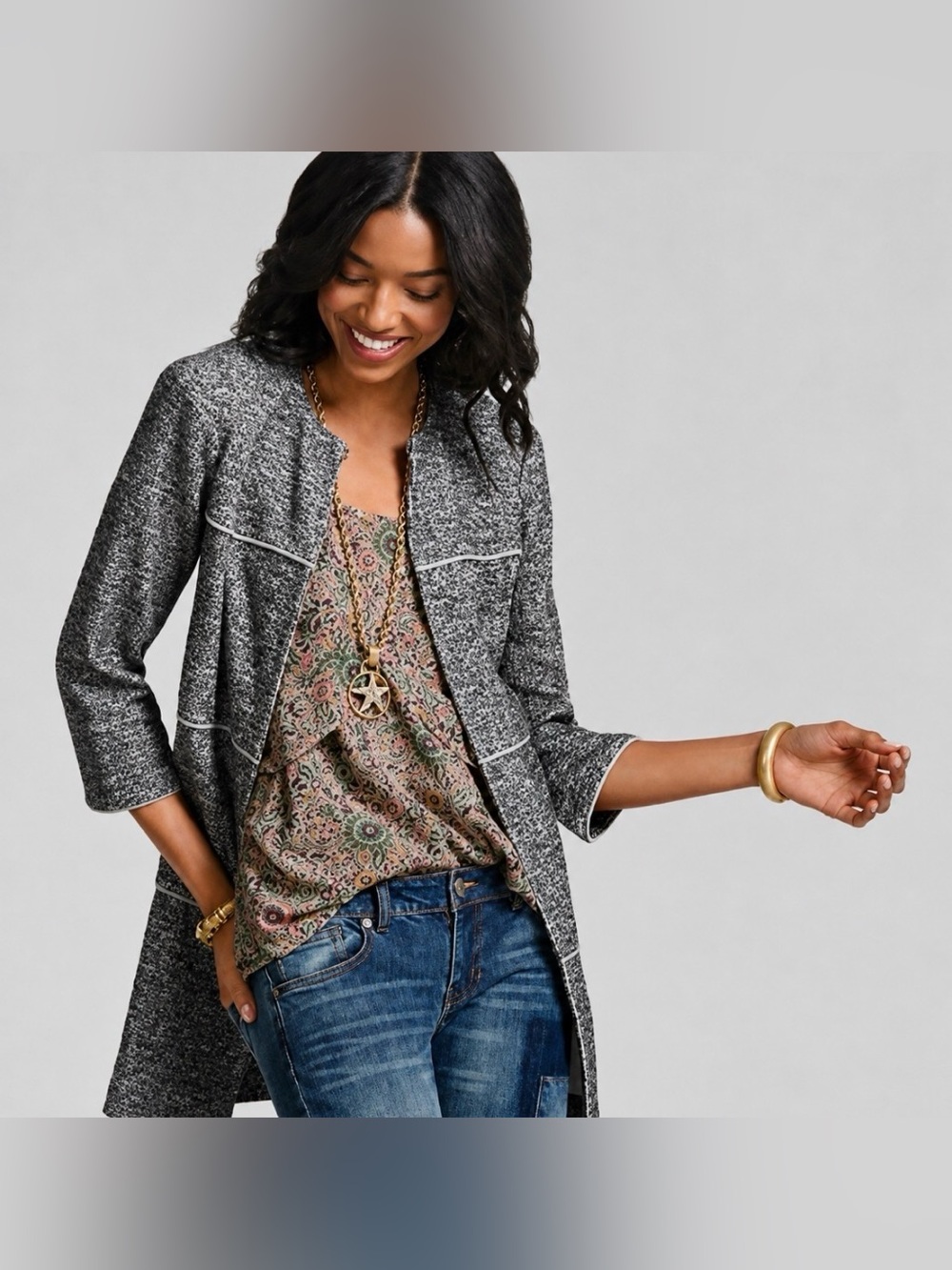 CAbi The Times Jacket Open-Front, Collarless, Tweed 3/4 Sleeve Tiered w Piping S